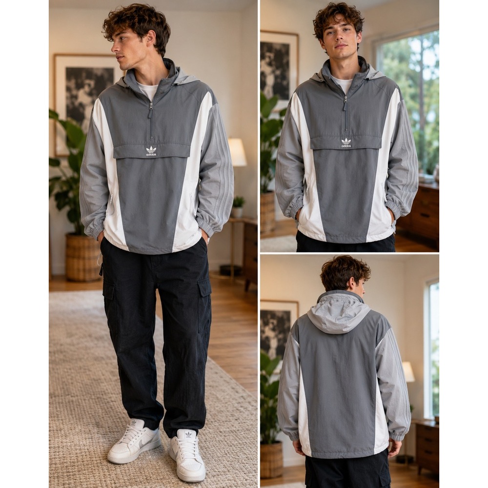 Adidas Originals Men's M Anorak Pullover Jacket Gray White Stowaway Hood Trefoil